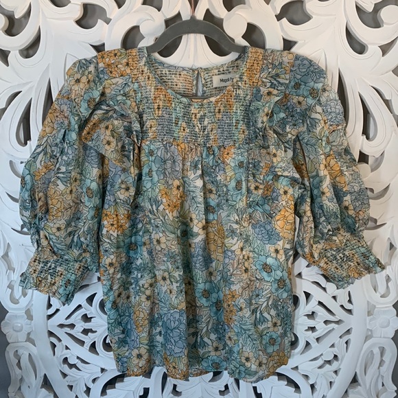 🆕 Magali Pascal Beautiful Floral Puff Sleeve Ruffle Top - Picture 4 of 15